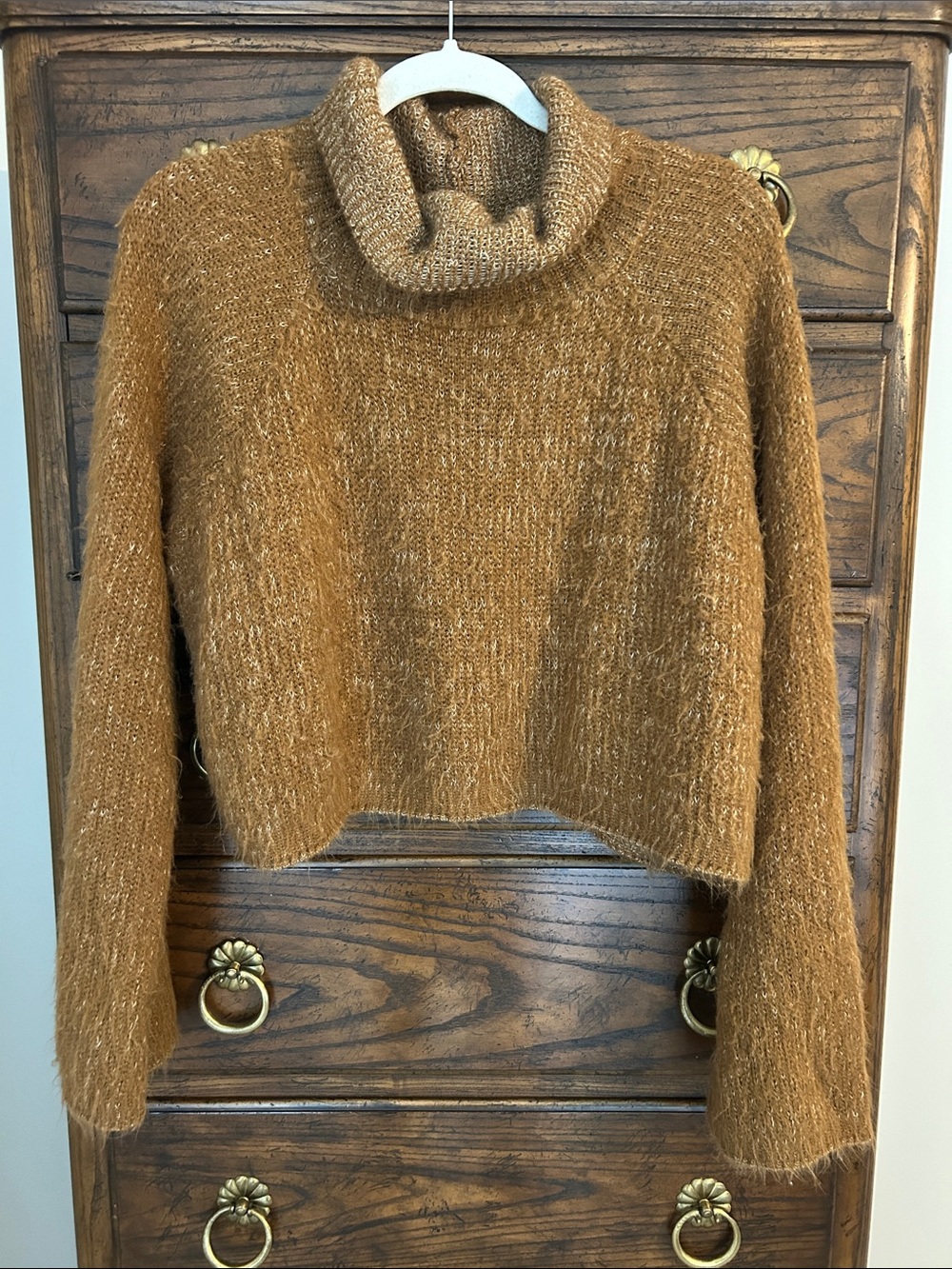 Abound Cropped Boxy Cowl Neck Fuzzy Sweater, Caramel, Size L